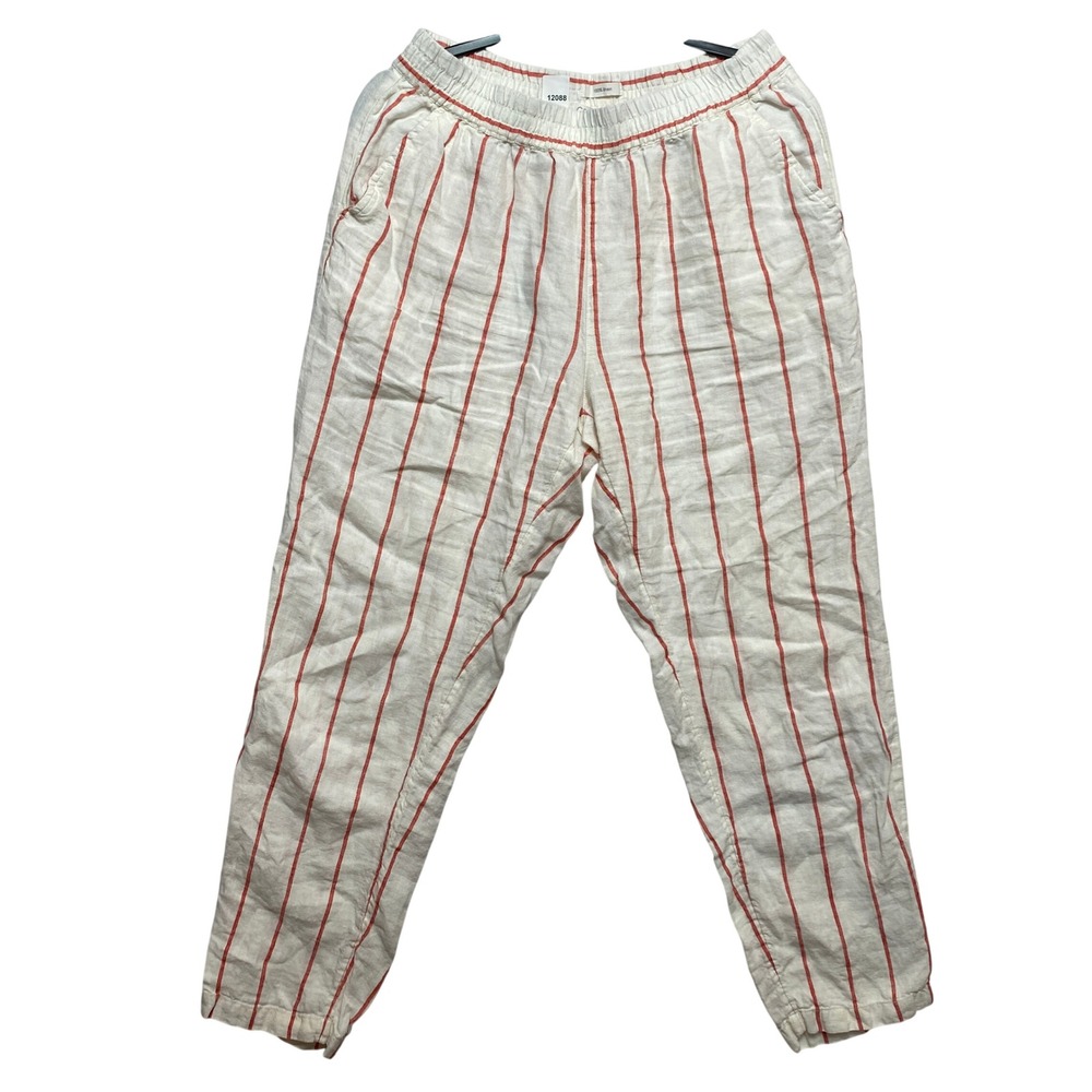 C&C California Pants Womens Medium White Linen Striped Elastic Waist Relaxed